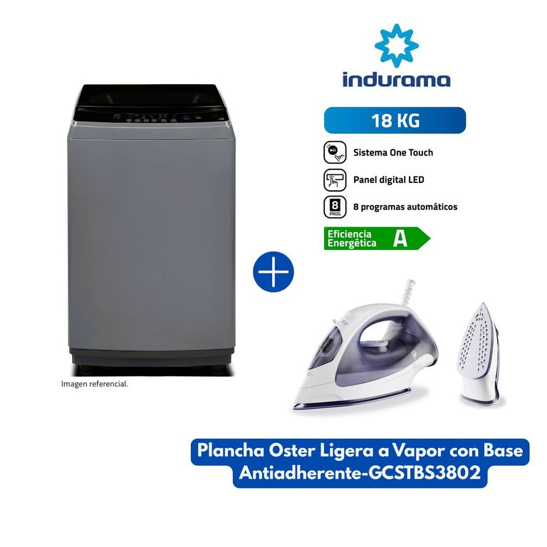 Lavadora Automática 18 Kg Carga Superior Gris LRI-18DGR + Plancha Oster a Vapor GCSTBS3802
