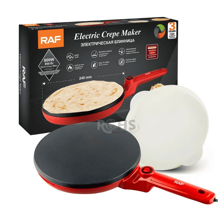 Crepera Eléctrica RAF 800W Antiadherente 24cm Para Crepes Panqueques Con Control De Temperatura