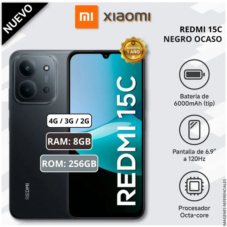 Celular Smartphone Redmi 15C 256GB ROM 8GB RAM 6000 mAh NFC 120Hz - Negro Ocaso