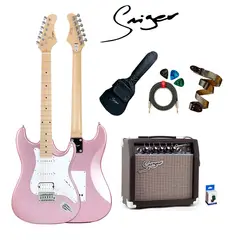 SMIGER - PACK DE GUITARRA ELECTRICA ROSA & AMPLIFICADOR 20 WATTS & FUNDA & AFINADOR