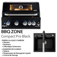 HIGRILL - Parrilla Gas y Carbón 5 Quemadores Acero Inox 304 Negro + Lavadero de Cuarzo Con Grifo y Componentes