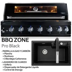 HIGRILL - Parrilla Gas y Carbón 7 Quemadores Acero Inox 304 Negro + Lavadero de Cuarzo Con Grifo y Componentes