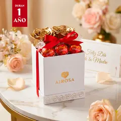AIROSA - Box Premium con 2 Rosas Preservadas Doradas, Bombones Lindt y Tarjeta