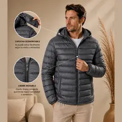 GENERICO - Casaca Puffer Hombre Ultraligera con Capucha Removible
