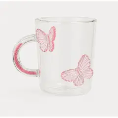 GENERICO - Taza de Vidrio Borosilicato 450ml con Mariposas 3D Rosado y Asa Decorada