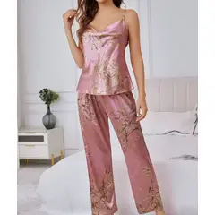 GENERICO - PIJAMA SATIN PARA MUJER 2 PIEZAS TALLA S/M - CONJUNTO SATIN LENCERÍA PREMIUM CON ESTAMPADO FLORAL