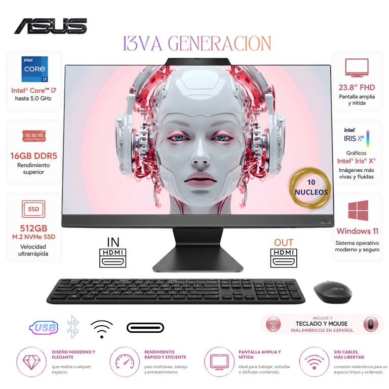 PC All in One 23.8" FHD Core i7 13ª Gen 16GB 512GB SSD WiFi 6 Negro Ultra Rápido