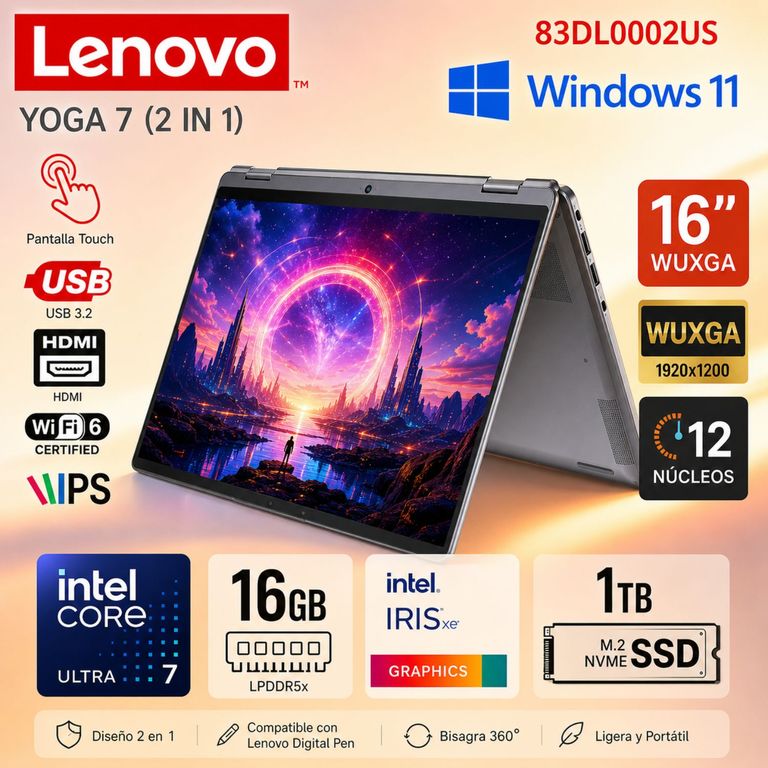 Laptop Yoga 7 2 en 1 de 16" Core Ultra 7 155U 16GB RAM-LPDDR5X 1 TB SSD 16IML9 - 83DL0002US