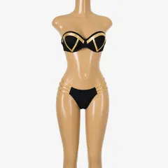 GENERICO - Bikini Brasileño Hot Push-Up Negro y Dorado Ropa de Baño Genieka