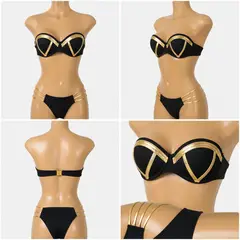 GENERICO - Bikini Brasileño Hot Push-Up Negro y Dorado Ropa de Baño Genieka