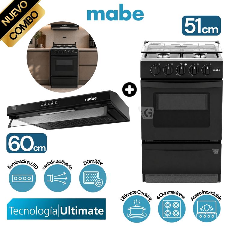 Cocina de Piso a Gas 51 cm Negro EMP2000AN0 + Campana CMU6020PB0 60 CM