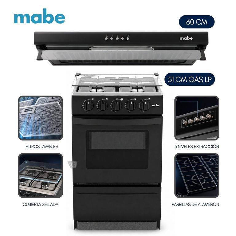 Cocina de Piso a Gas 51 cm Negro EMP2000AN0 + Campana CMU6020PB0 60 CM