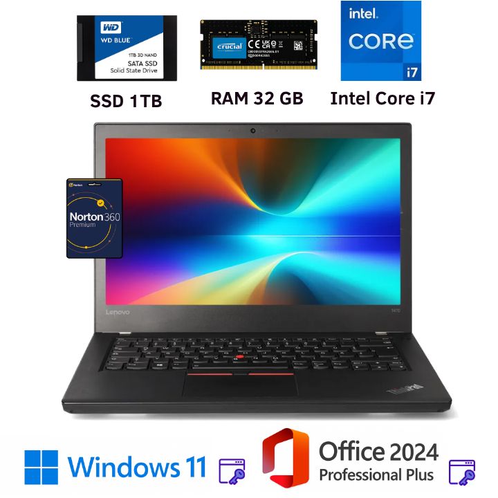 Laptop ThinkPad T470, Intel Core I7,32Gb RAM, 1TB SSD + Office 2024 PP +Windows 11P + Norton 360 Premium