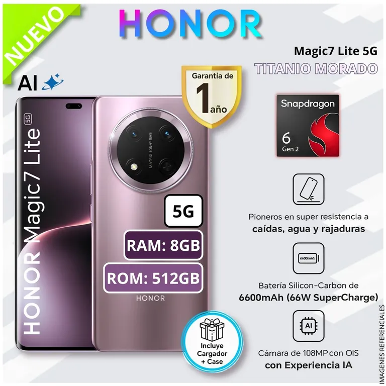 Celular Magic 7 Lite 5G 512GB 8GB RAM cámara 108MP + 5MP frontal 16MP 6.7 Titanio Morado