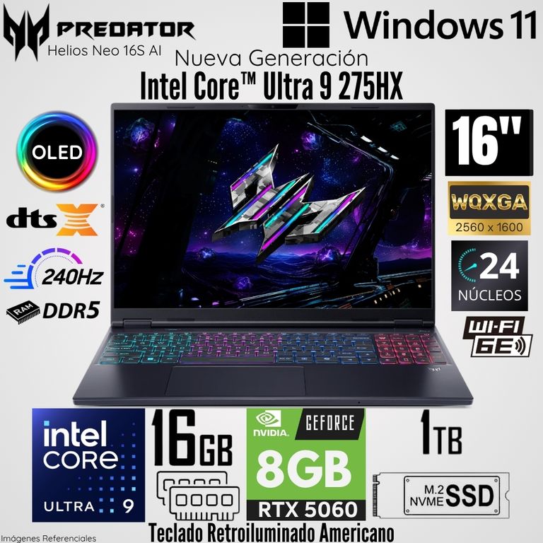 Laptop Predator Helios NEO 16S AI Intel Core Ultra 9 275HX 16GB RAM 1TB SSD RTX 5060 16" OLED