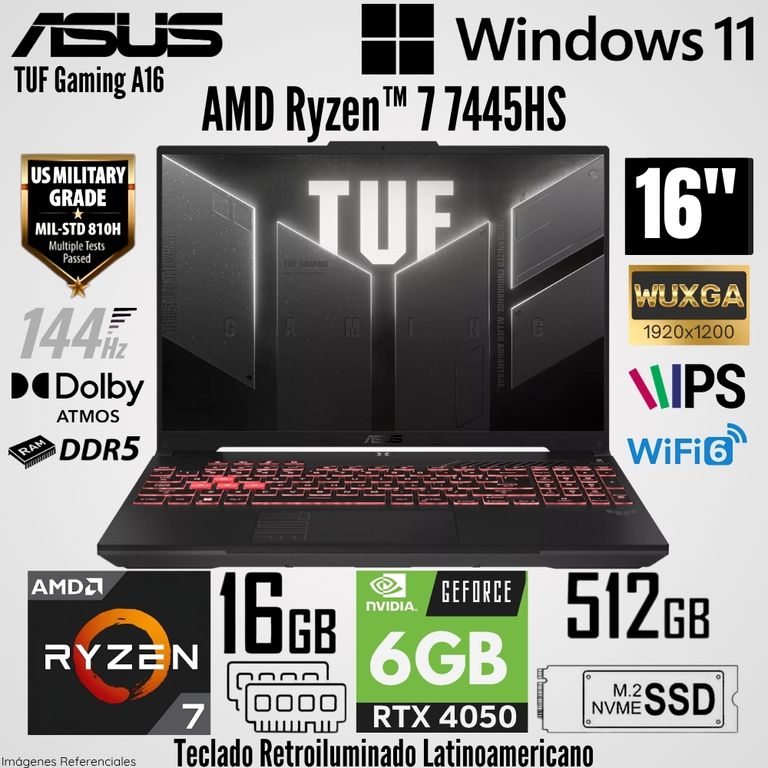Laptop TUF Gaming FA607NUG-RL216 AMD Ryzen 7 7445HS 16GB RAM 512GB SSD RTX 4050-6GB 16" WUXGA
