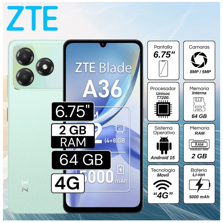 Celular A36 2GB RAM 64GB 6.75" Pulg. Android 15 - Verde