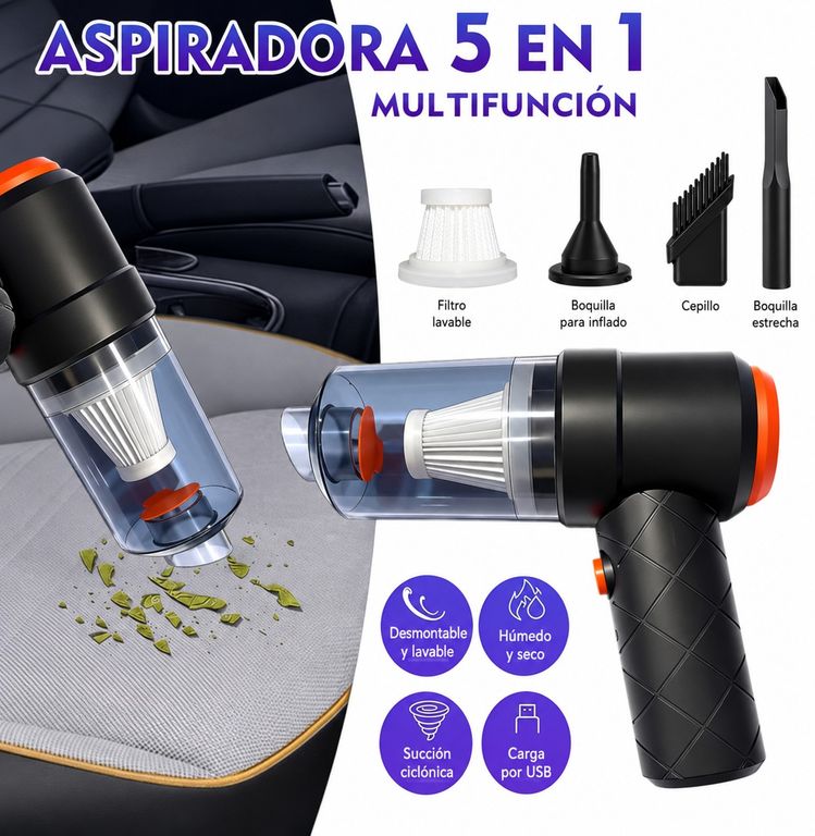ASPIRADORA PORTATIL PARA AUTO Y HOGAR POTENTE INALÁMBRICA 5 EN 1 – SUCCIÓN CICLONICA RECARGABLE USB