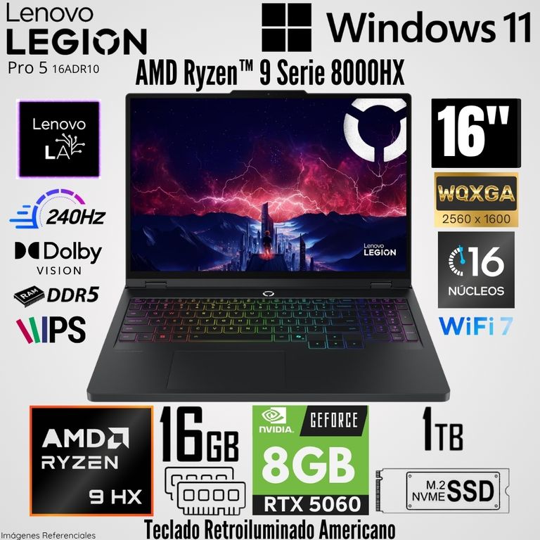 Laptop Legion Pro 5 16ADR10 AMD Ryzen 9 8945HX 16GB RAM 1TB SSD RTX 5060-8GB 16" WQXGA 240Hz