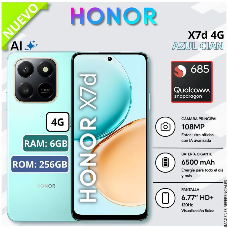 Celular Smartphone X7d 256GB ROM 6GB RAM 108 MP 6500 mAh Android 15 - Azul Cian