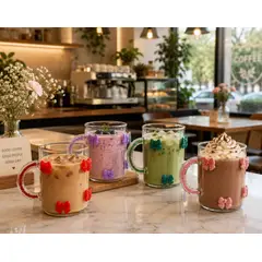 GENERICO - 4 Tazas con lazos 3D COLORES Vidrio Borosilicato 450ML
