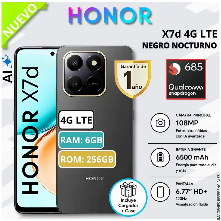 Celular Smartphone X7D 256GB ROM 6GB RAM 108 MP 6500 mAh Android 15 - Negro Nocturno