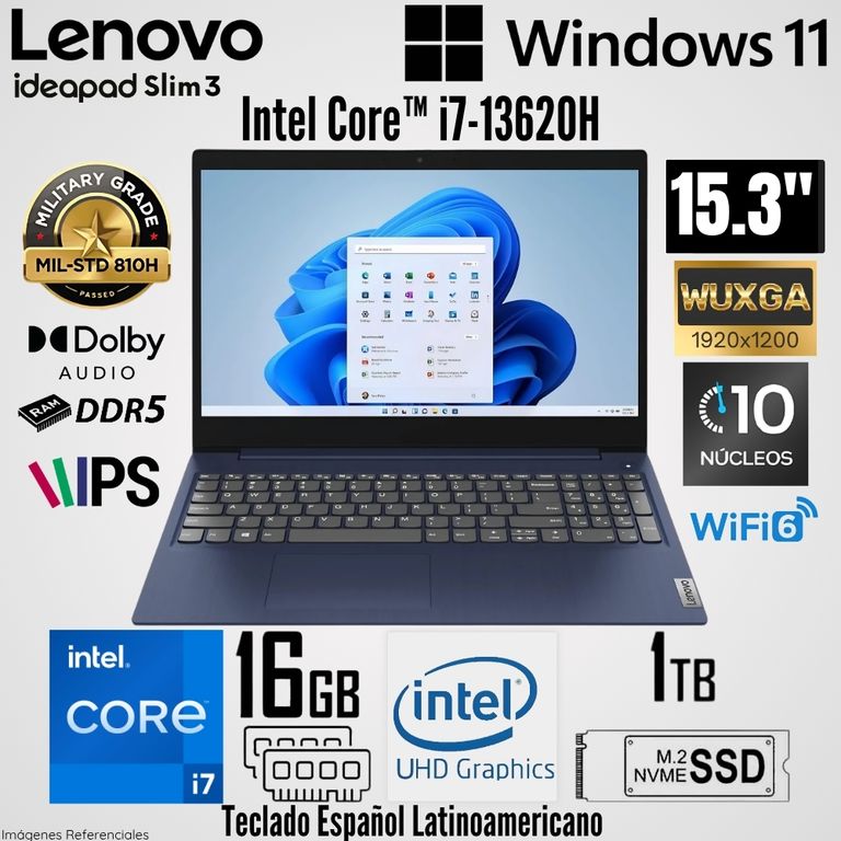 Laptop IdeaPad Slim 3 15IRH10 Intel Core i7-13620H 16GB RAM 1TB SSD 15.3" WUXGA - 83K100NALM