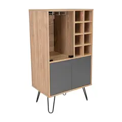 FMFURNITURE - Bar Bajo 8 Botelleros Puerta De Vidrio Fm-001C Café Claro Y Plomo