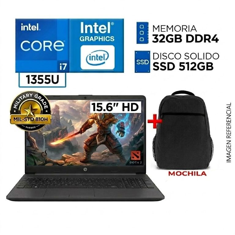 Laptop Intel Core i7 1355U RAM 32GB SSD 512GB 250 G10 13va Gen 15.6" HD + MOCHILA