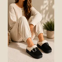GENERICO - Pantuflas Plush Abrigadoras para Mujer - Modelo Cozy Buckle
