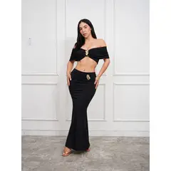 GENERICO - Conjunto Falda Larga y Crop Top Off Shoulder para Mujer Set Elegante Ajustado Corte Sirena