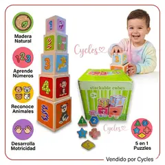 GENERICO - Torre de Aprendizaje 5-en-1 Cubos de Madera Montessori Cycles