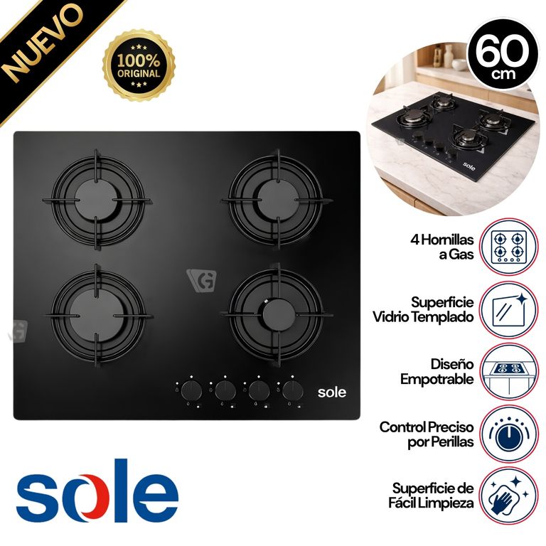 Encimera Vidrio Templado A Gas 60cm SOLCO049V2