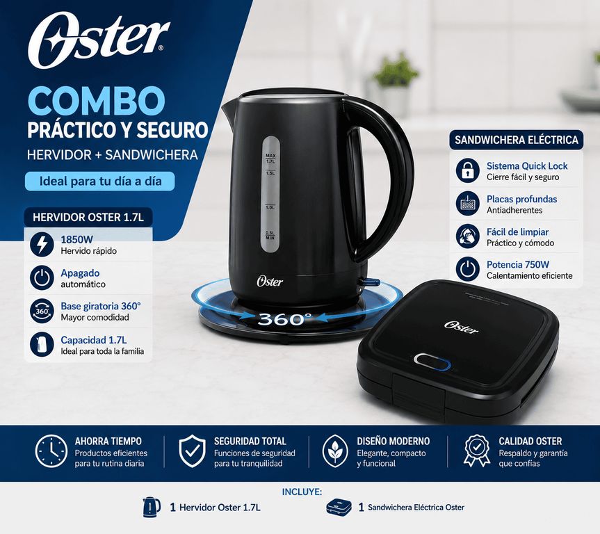 Combo Hervidor Eléctrico 1.7L + Sandwichera Eléctrica Antiadherente Cocina Desayuno