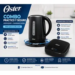 OSTER - Combo Hervidor Eléctrico 1.7L + Sandwichera Eléctrica Antiadherente Cocina Desayuno