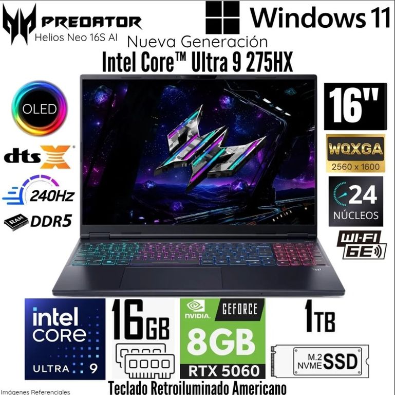 LAPTOP PREDATOR HELIOS NEO 16S AI ULTRA 9 275HX 16GB 1TB SSD 16 OLED 240HZ WIN 11