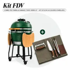 FDV - COMBO PARRILLA KAMADO TOKIO VERDE 22 + SET ESTUCHE ACCESORIOS PARRILLERO