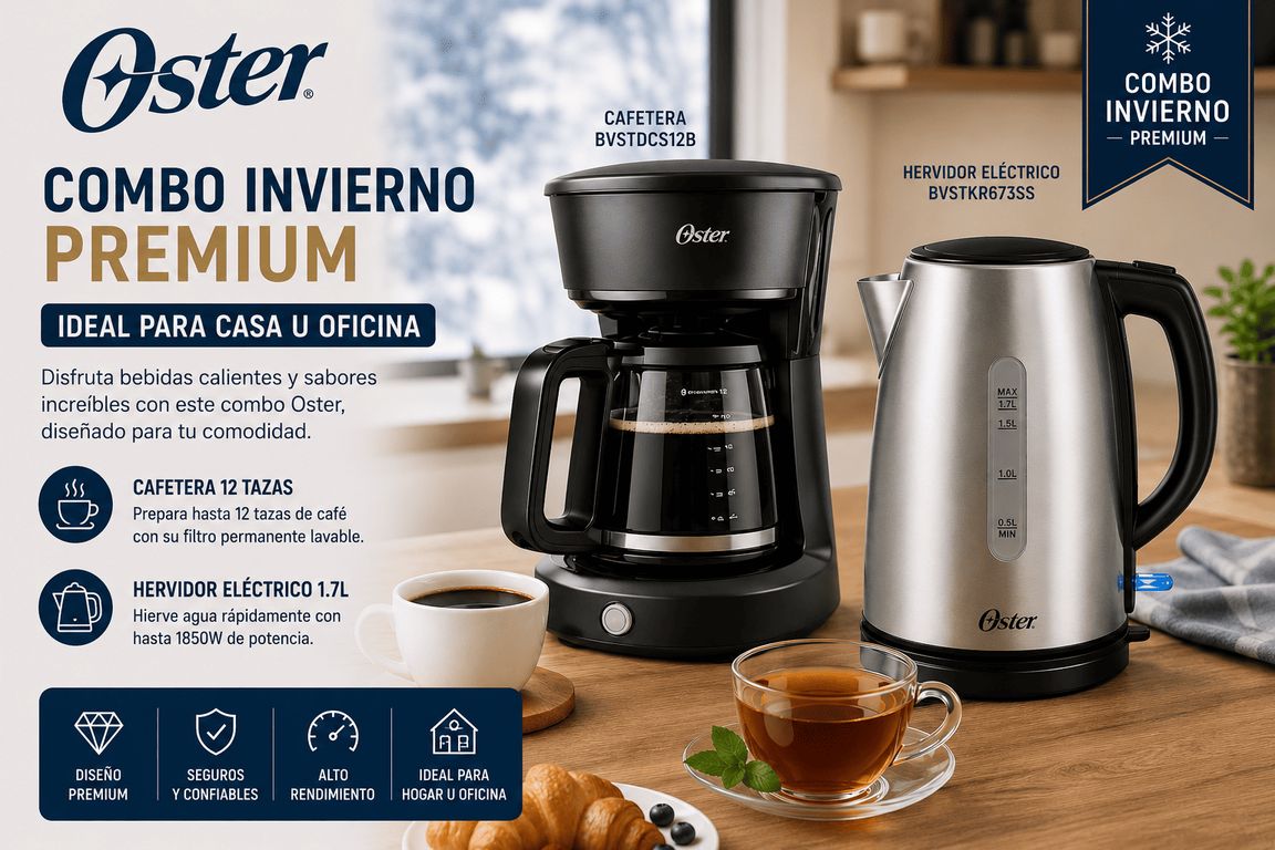 Combo Premium Cafetera 12 Tazas BVSTDCS12B + Hervidor Eléctrico 1.7L BVSTKT673SS