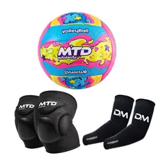 MTD - KIT VÓLEY INFANTIL PELOTA GOMA 5 COLORIDO + RODILLERAS GEL KID + MANGAS XS