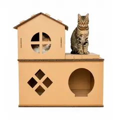 GENERICO - Rascador casa de dos pisos en cartón corrugado para gatos