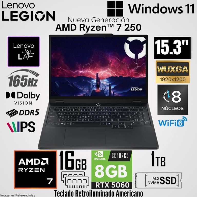 Laptop Legion 5 15AHP10 AMD Ryzen 7 260 16GB RAM 1TB SSD RTX 5060-8GB 15.3" WUXGA 165Hz