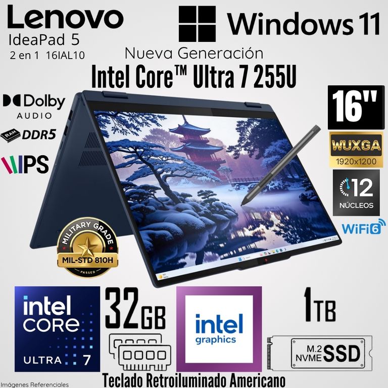 Laptop IdeaPad 5 2 en 1 16IAL10 Intel Core Ultra 7 255U 32GB RAM 1TB SSD 16" WUXGA Táctil