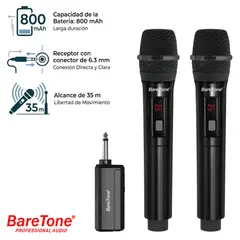 BARETONE - Pack de 02 Micrófono Inalámbrico WM2402 Alcance 35 metros Plug Jack 6.3 mm