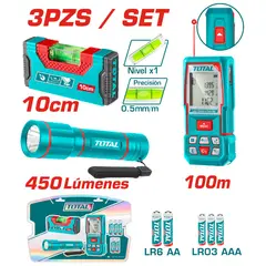 Total Tools - MEDIDOR LASER 100M + LINTERNA 250LM + NIVEL BURBUJA 10CM + PILAS INDUSTRIAL-TOS251003