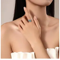 GENERICO - ANILLO PLATEADO S925 CON ABERTURA EN FORMA DE CUCHARA Y GOTA DE AGUA, CON TURQUESA