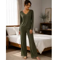 GENERICO - Pijama Cómoda Algodón Pima con encaje manga larga + pantalón color verde militar