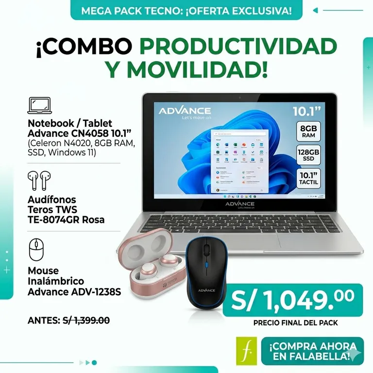 Laptop / Tablet 2 en 1 10.1" Táctil / Mouse-Audifonos inalambrico