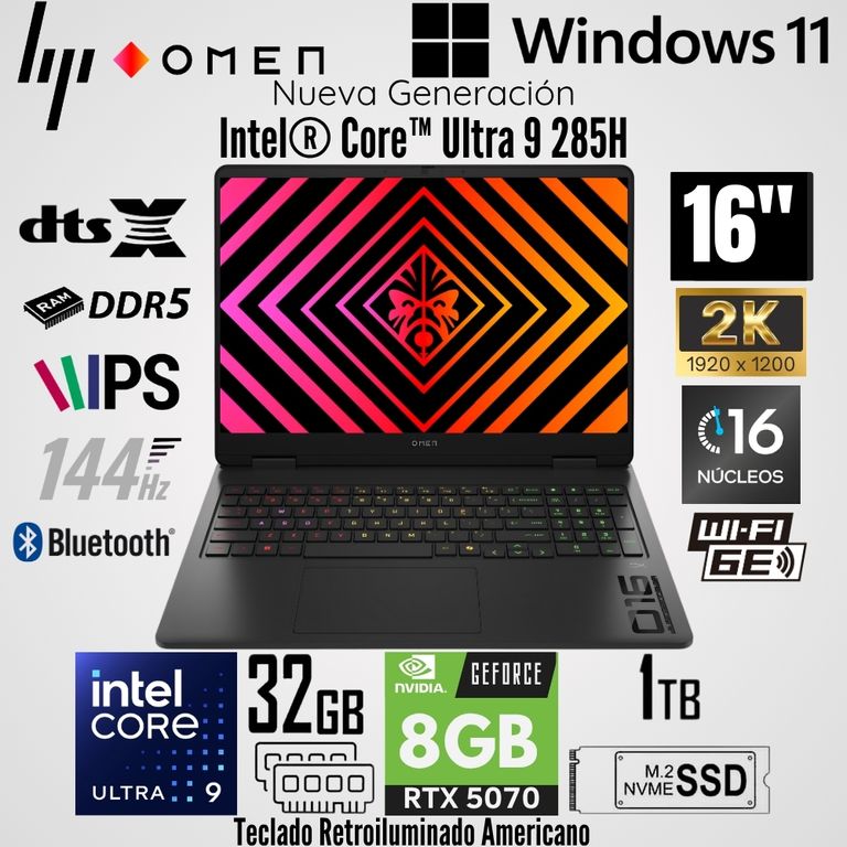 Laptop OMEN 16-AN0075CL Intel Core Ultra 9 285H 32GB RAM 1TB SSD RTX 5070-8GB 16" 2K WUXGA 144 Hz