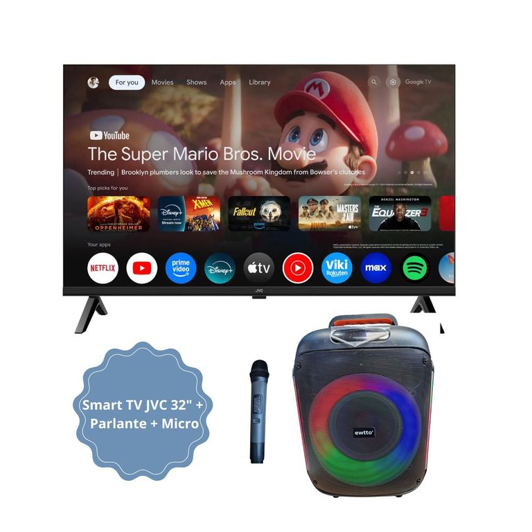 TELEVISOR JVC 32 QLED GOOGLE TV HD - LT-32KM1584 + Parlante EWTTO + Micrófono ET-P5777MBC
