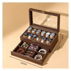 GENERICO - Organizador de Relojes de Madera de 12 Compartimentos Tapizado Cuero PU con Joyero y Tapa de Vidrio